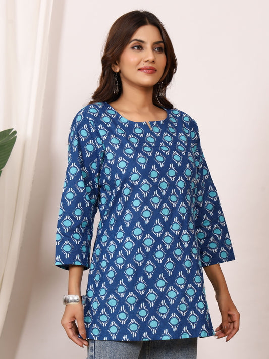 Indigo Blue & Turquoise Circle Block Print Pure Cotton Top