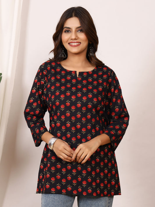 Black & Red Rose Buti Block Print Pure Cotton Top