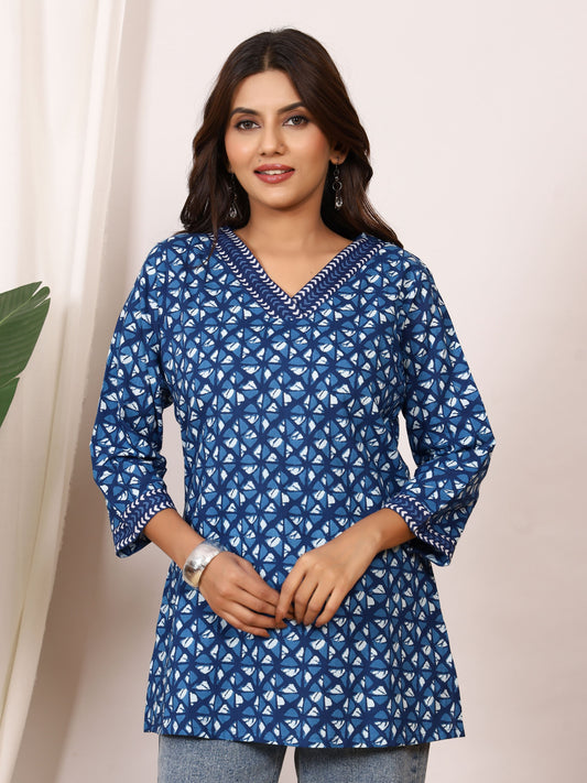 Indigo Blue Geometric Block Print Pure Cotton Top
