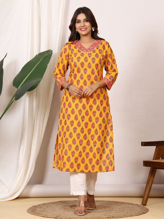 Sanganeri Mustard Yellow Paisley Pure Cotton Kurti