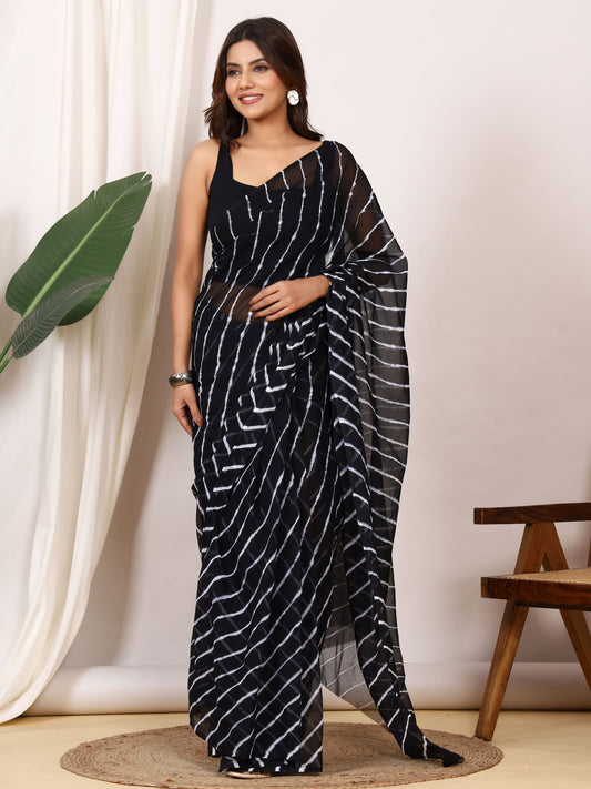 Black Nazmin Chiffon Saree with Hand Tied Leheriya