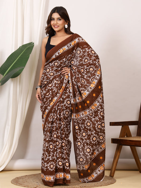 Pure Cotton Brown Saree with White Floral Block Print and Mustard Accents