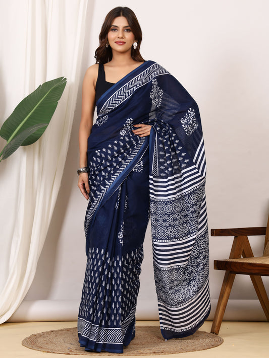 Pure Cotton Indigo Blue Saree with White Leaf Block Print and Striped Pallu