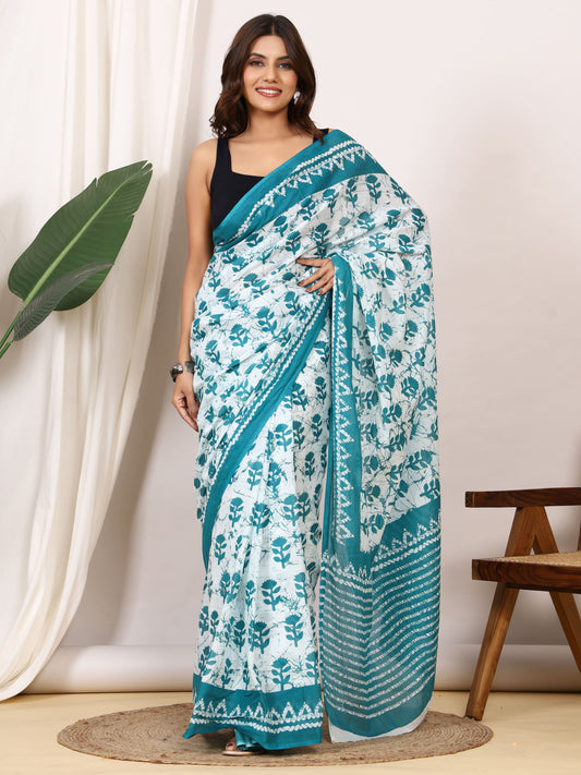 Pure Cotton White & Teal Saree with Floral Leaf Block Print and Striped Pallu