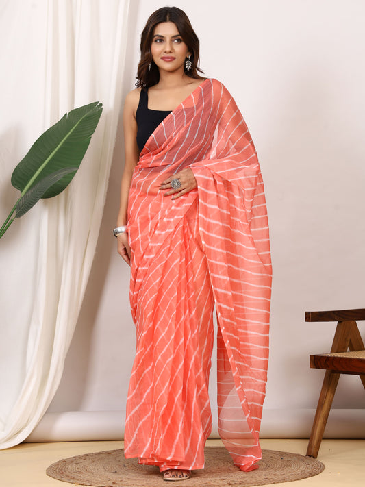 Coral Peach Nazmin Chiffon Saree with Hand Tied Leheriya