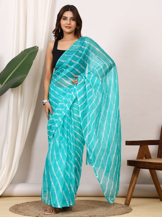 Teal Blue Nazmin Chiffon Saree with Hand Tied Leheriya