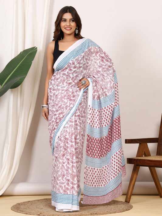 Pure Cotton White Saree with Red Paisley Print and Teal Striped Pallu