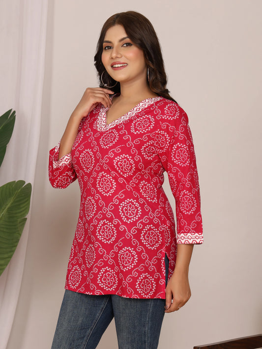 Sanganeri Bandhej Print Rani Pink & White Top