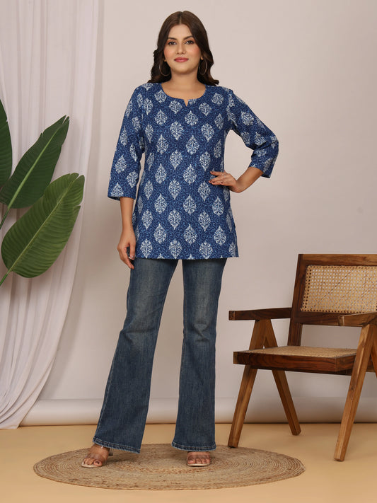 Sanganeri Print Indigo & White Ethnic Motif Top