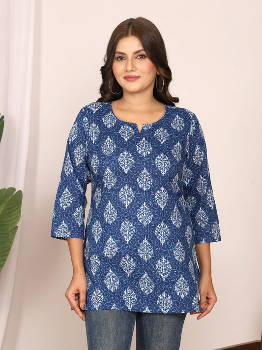Sanganeri Print Indigo & White Ethnic Motif Top