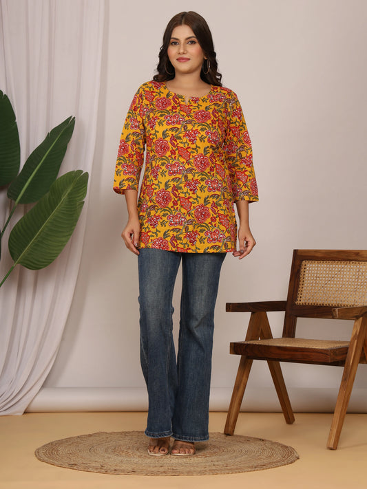 Sanganeri Floral Print Yellow & Red Cotton Top
