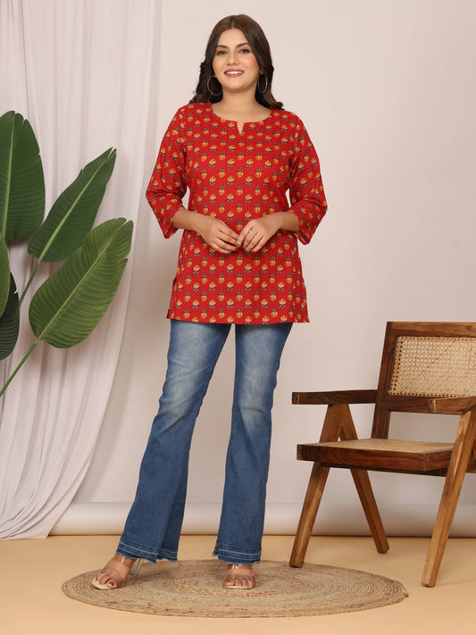 Sanganeri Floral Buti Print Red Cotton Top