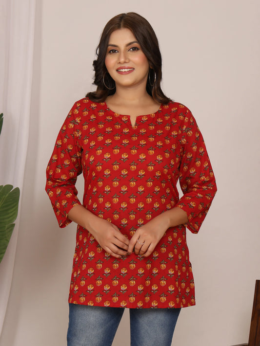 Sanganeri Floral Buti Print Red Cotton Top
