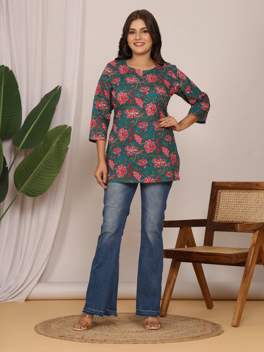 Sanganeri Red Floral Print Teal Green Cotton Top
