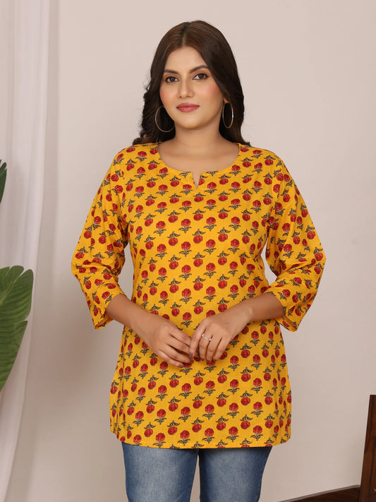 Sanganeri Red Buti Rose Print Yellow Cotton Top