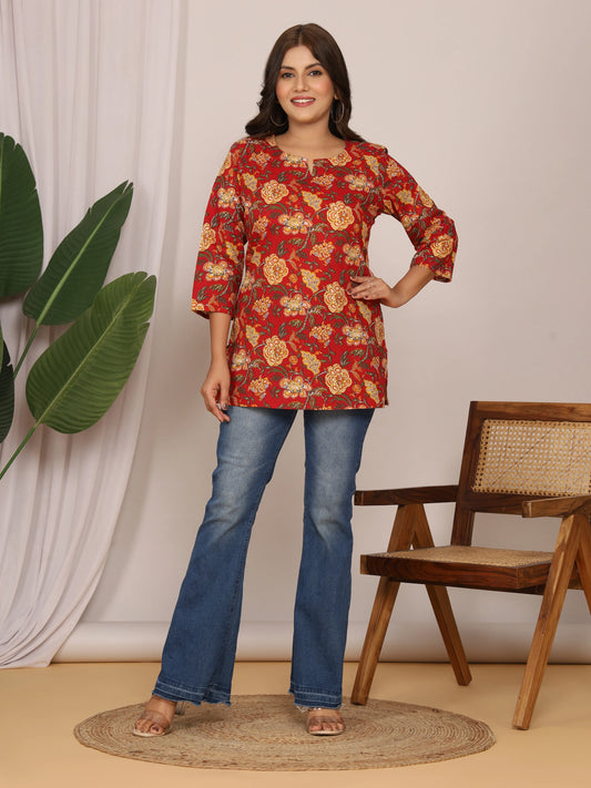 Sanganeri Floral Buti Print Red & Yellow Cotton Top