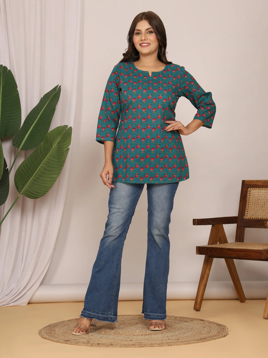 Sanganeri Teal & Red Rose Buti Print Top