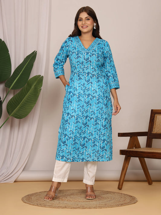 Sanganeri Zig Zag Print Blue Cotton Kurti