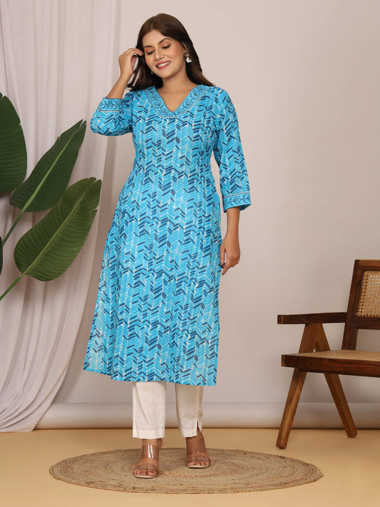 Sanganeri Zig Zag Print Blue Cotton Kurti