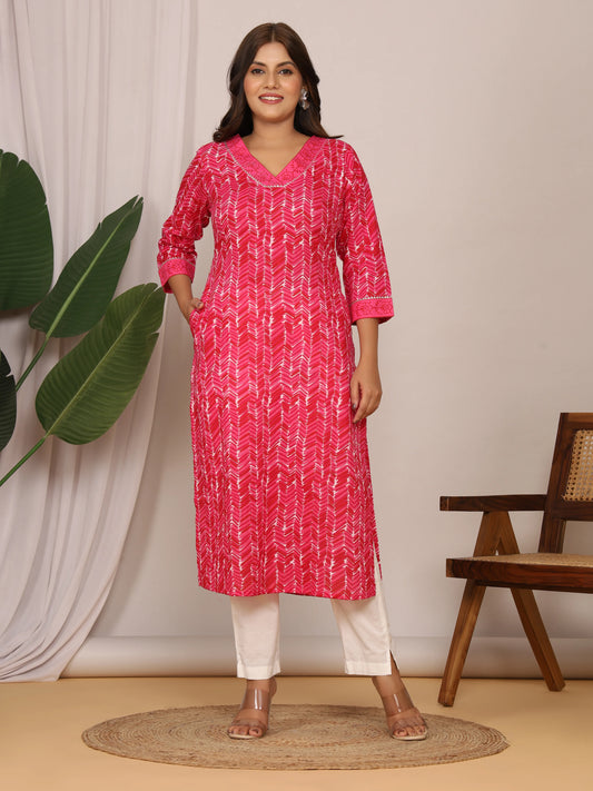 Sanganeri Zig Zag Print Pink Cotton Kurti