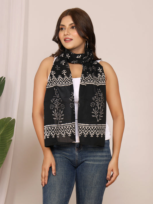 Black & White Handblock Discharge Print Pure Cotton Stole with Floral Boota Design