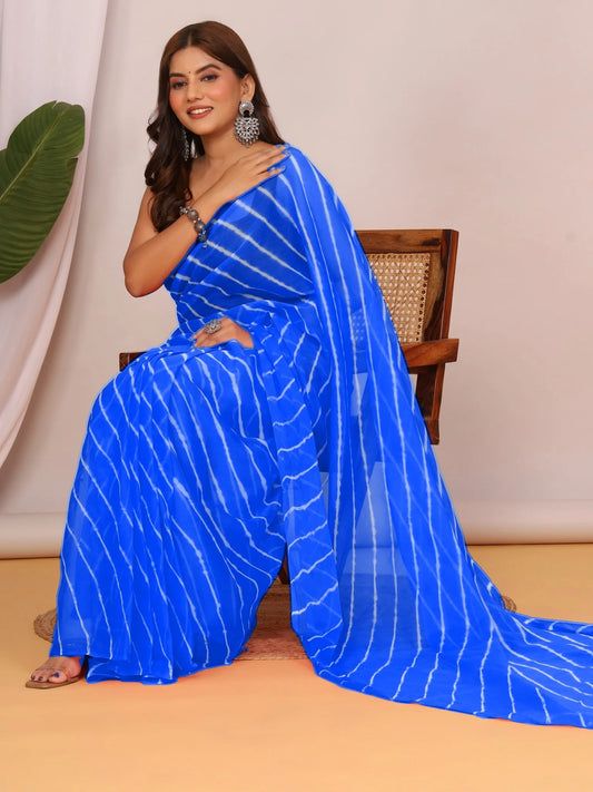 Royal Blue Nazmin Chiffon Saree with Hand Tied Lehriya