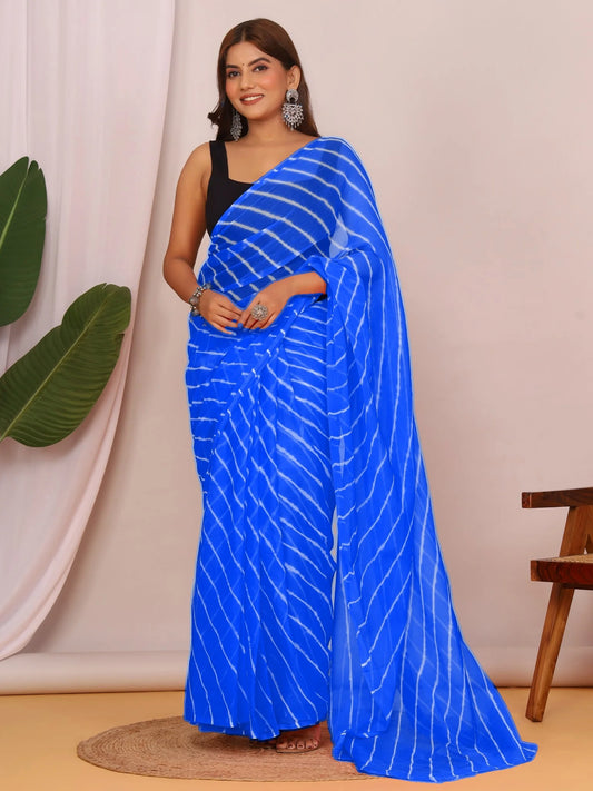 Royal Blue Nazmin Chiffon Saree with Hand-Tied Lehriya